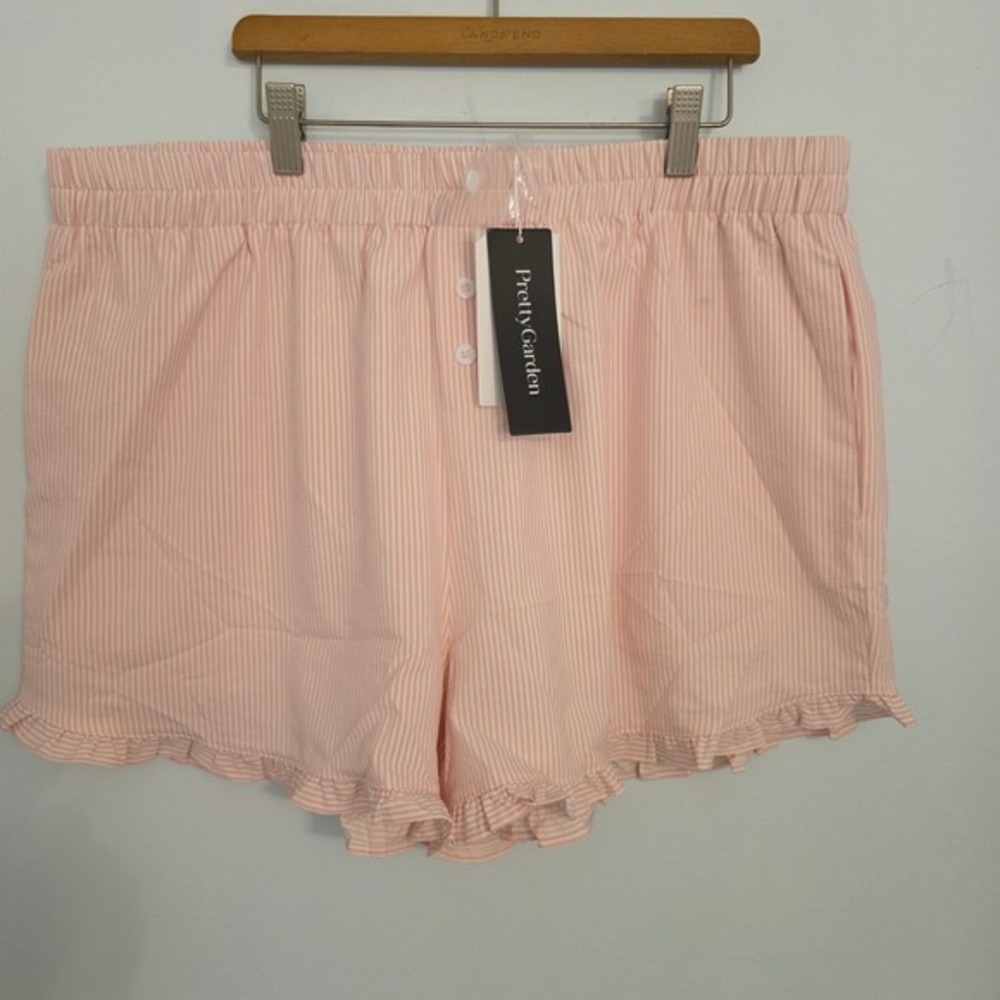 PrettyGarden Womens XXL Pajama Shorts 2PK Pink Green Striped‎ Ruffle Hem NWT